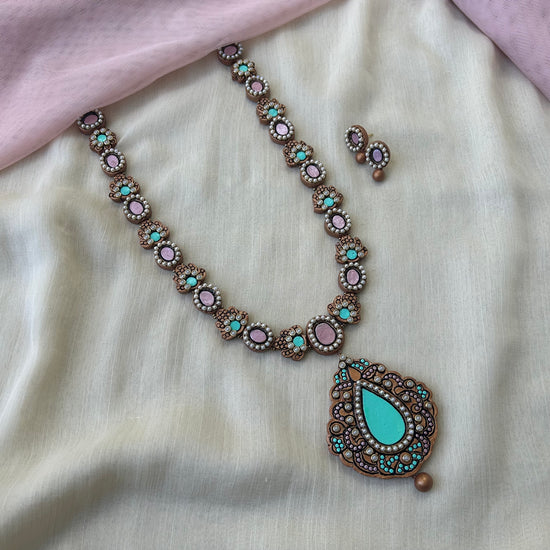 Pastel Pink and blue Terracotta Necklace Set with Kundan Stones