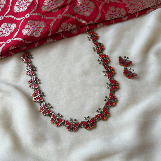 Handmade terracotta clay butterfly necklace with earrings