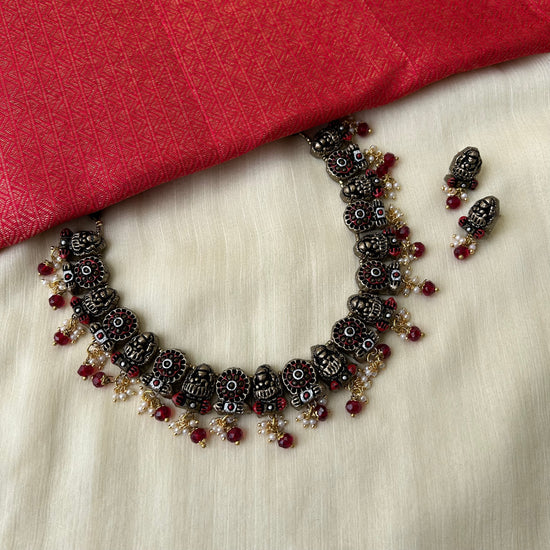 Handmade Terracotta Temple Jewelry Set – Antique Black with Red Beads & Pearl Drops