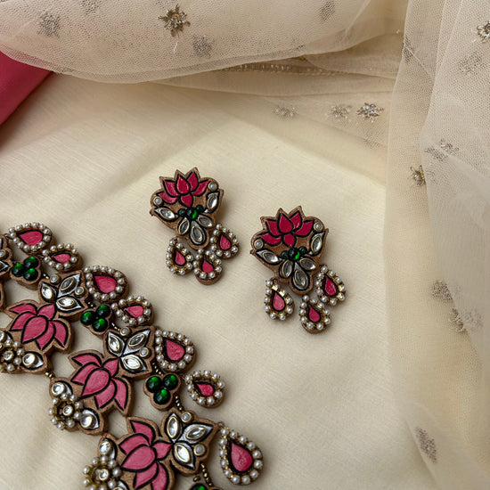Handmade Terracotta Jewellery Necklace Set with Lotus Design, Kundan & Pearl Stone Embellishments