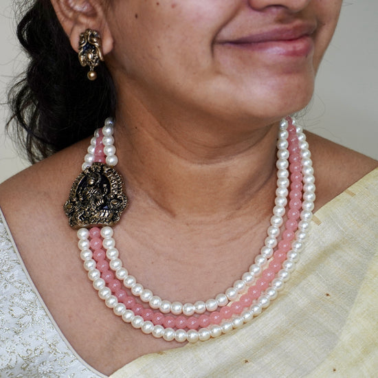 3 layered Lakshmi beaded terracotta necklace set in peach and pearls