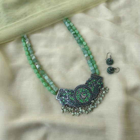 Two Layered Peacock Terracotta Necklace set in green with pearls