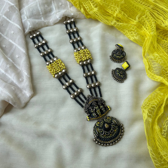 Yellow and Black Antique Terracotta Necklace set with layers of beads and ghungroos