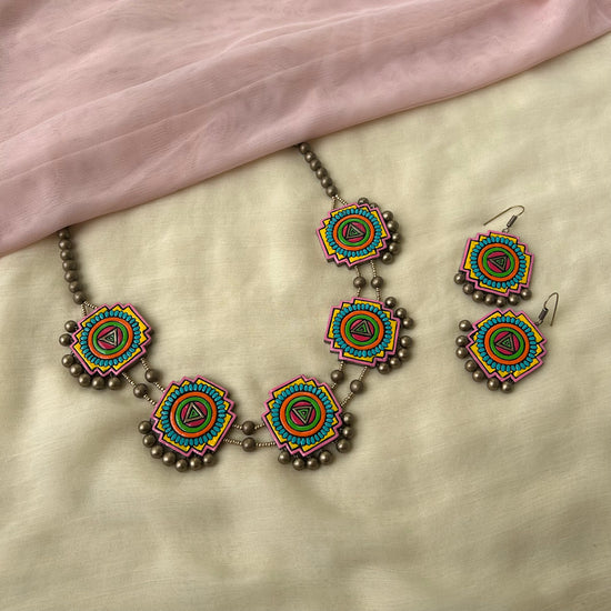 Multicolour Geometric Terracotta necklace set with danglers