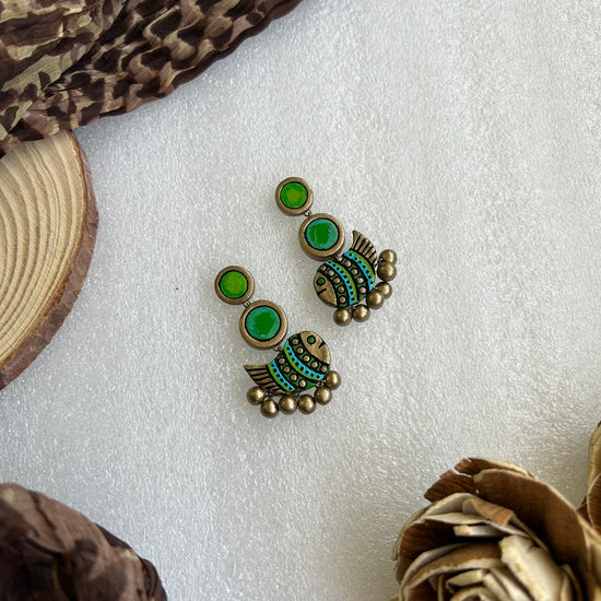 Terracotta fish earrings - Danglers in gold and green shades