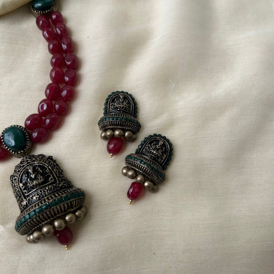 Vintage crimson red beaded terracotta goddess pendant necklace with jhumka