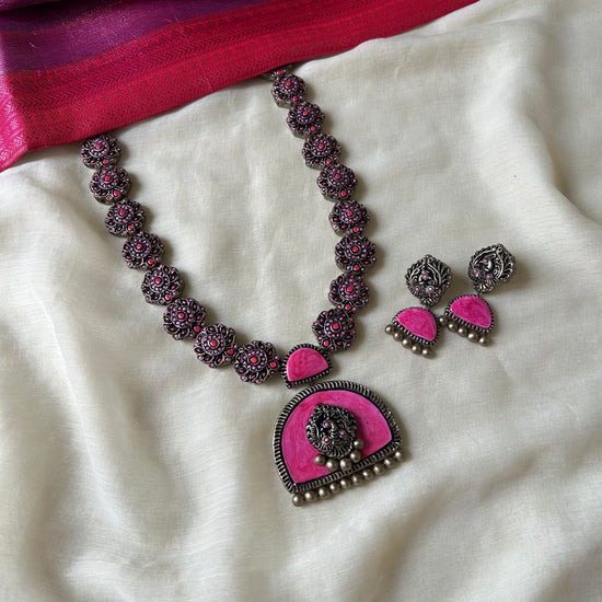 Handmade Pink Peacock Terracotta Neckset with Earrings