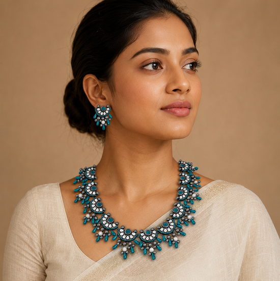 Chand Floral Blue Terracotta Necklace Set with dangling beads