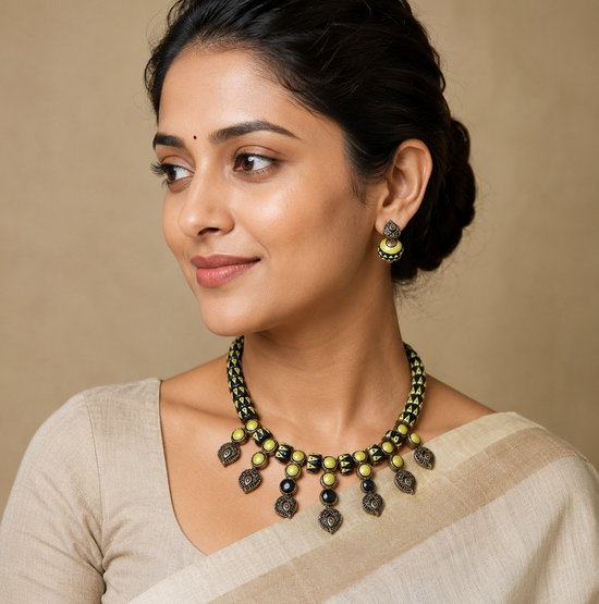 Terracotta Beaded Tribal Necklace Set in Yellow
