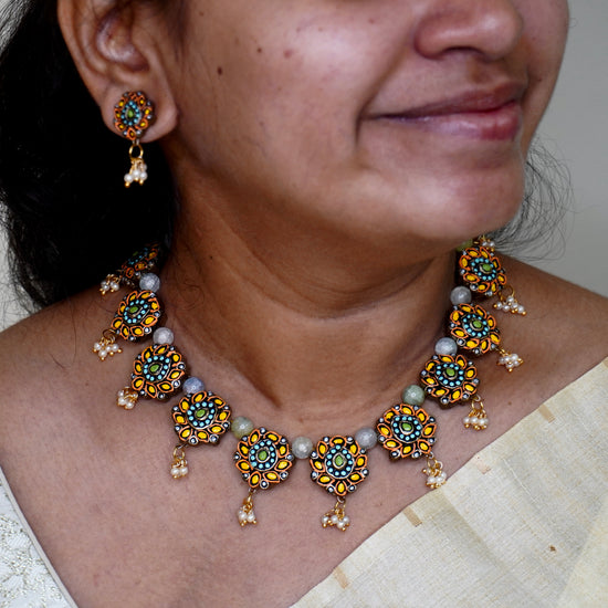 Pastel multicolour floral terracotta necklace set with pearl dangles