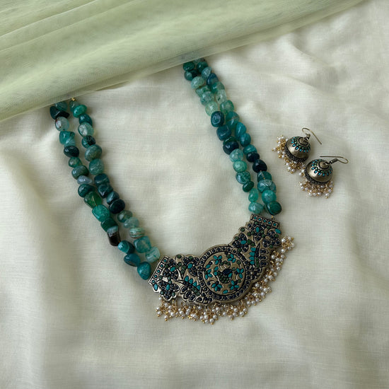Two Layered Peacock Terracotta Necklace set in green and blue with pearls