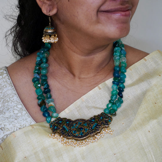 Two Layered Peacock Terracotta Necklace set in green and blue with pearls