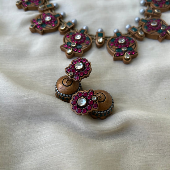 Handmade Terracotta Jewellery Necklace Set with Semi-Precious Kemp Stones | Traditional Floral South Indian Jewellery