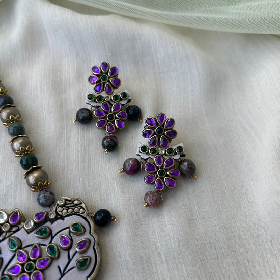 Violet & Green Terracotta Necklace Set with Kundan Stones