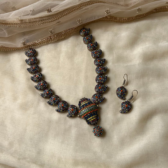 Handmade Multicolour Terracotta Neckset with Earrings