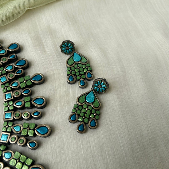 Stacked Floral Terracotta Necklace Set in Blue & Green