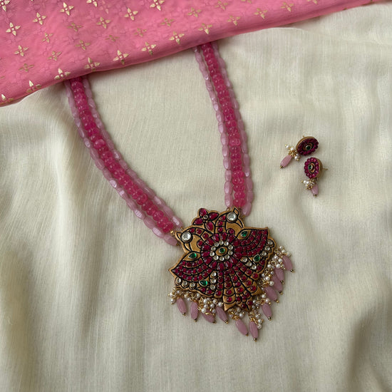 Layered Pink Beaded Gandaberunda Kemp Terracotta Necklace Set