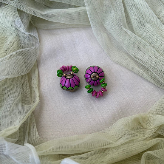 Pink and Green Terracotta Bali Jhumka Earrings  | Daily wear earrings