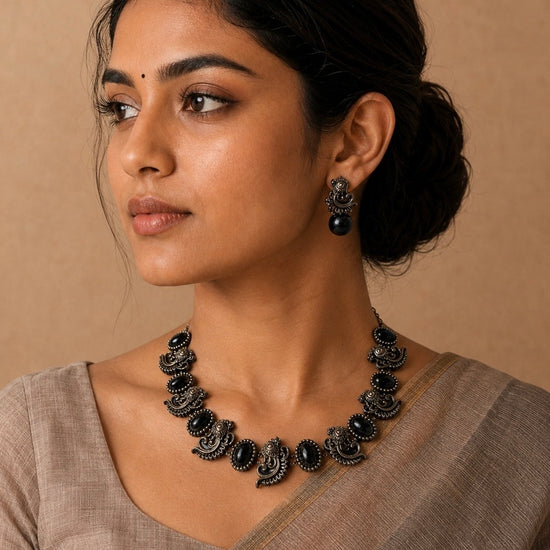 Black terracotta peacock necklace set