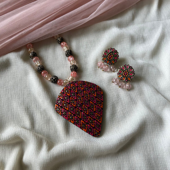 Floral Clusters Pink & Orange Terracotta Pendant Necklace Set