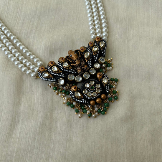 Kundhan Elephant with Layered Pearls Terracotta Necklace Set