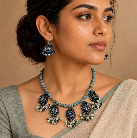 Handmade terracotta necklace set with semi-precious gemstone beads and antique-finish danglers.