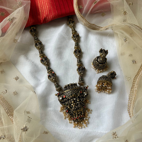 Handmade Terracotta Temple Necklace Set with Antique Gold Finish, Red with Green Accents & Matching Jhumkas