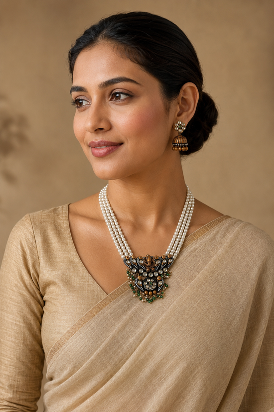 Kundhan Elephant with Layered Pearls Terracotta Necklace Set