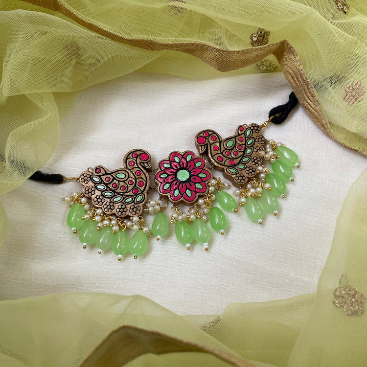 Gold swan terracotta choker with pearls