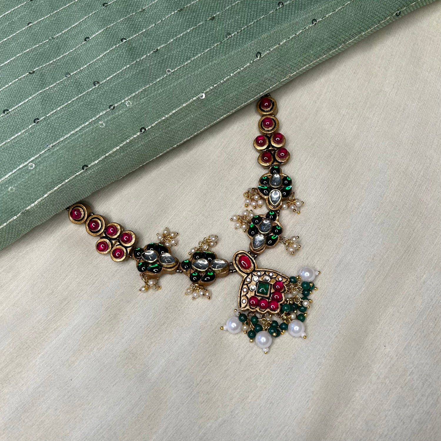 Green and pink floral kemp choker set