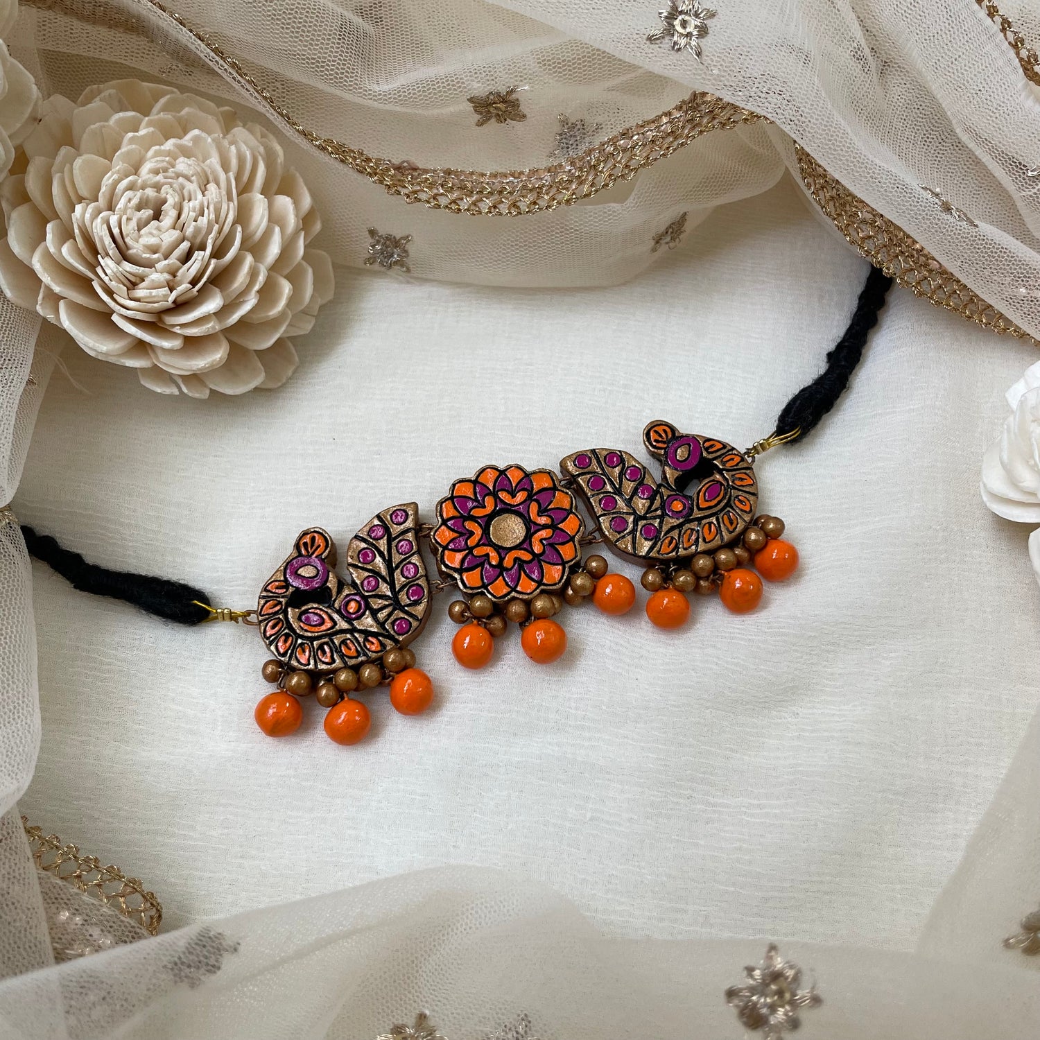 Orange peacock with flower clay choker and drop earrings