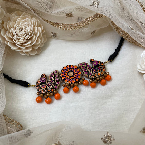 Orange peacock with flower clay choker and drop earrings
