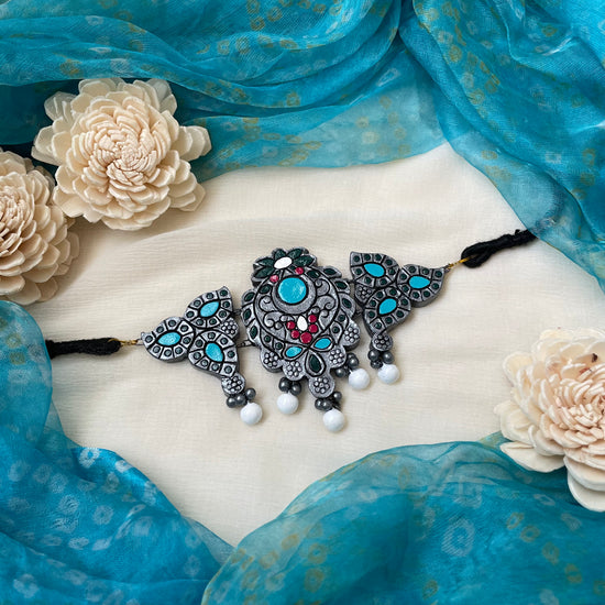 Silver and blue terracotta paisley chocker and jhumkas