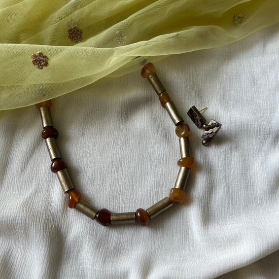 Silver cylindrical terracotta and stone beaded necklace set