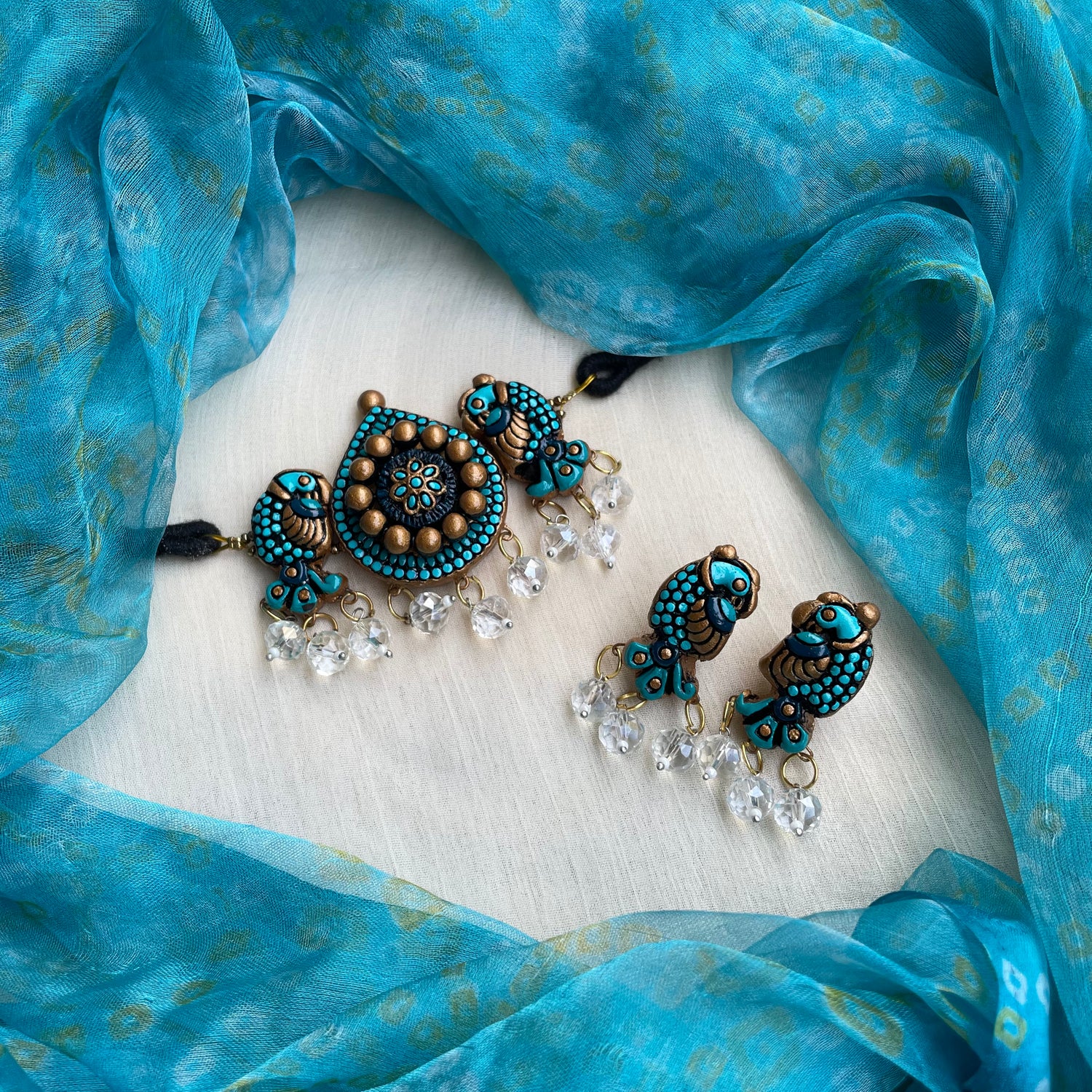 Teal and gold bird wedding choker necklace
