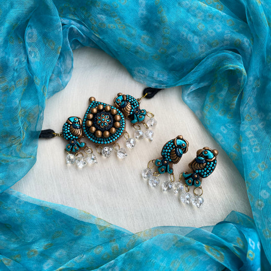 Teal and gold bird wedding choker necklace