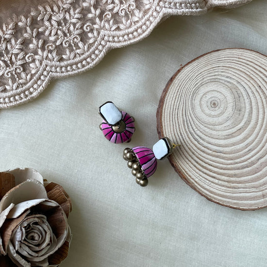 Yellow stripe white stud terracotta jhumka