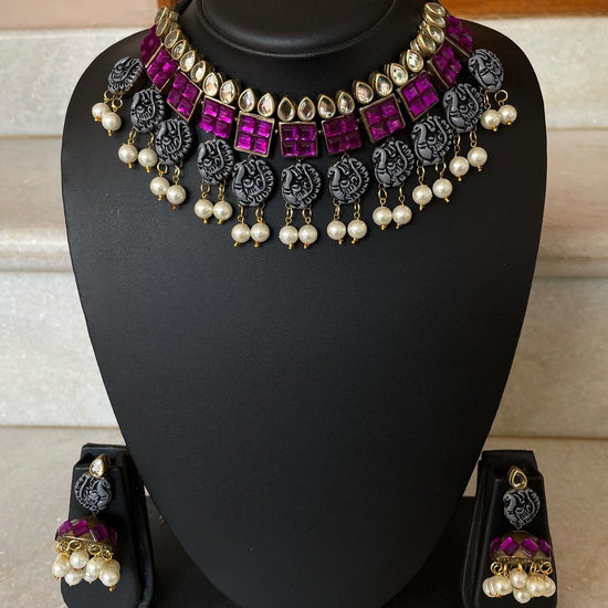 Black terracotta clay choker set with lilac square tiles and peacock motifs
