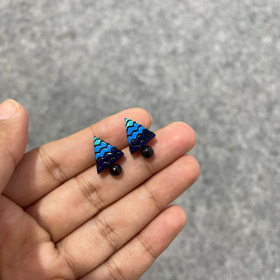 Handmade blue triangle clay stud earrings with clay bead drop.