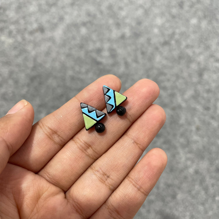 Handmade cute, multi color geometric triangle terracotta clay stud earrings