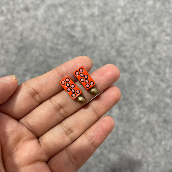 Handmade rectangle orange and gold dots clay stud earrings with clay bead drop.