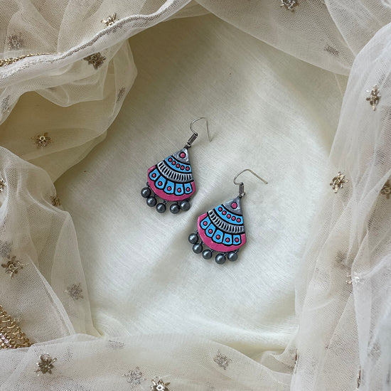 Red, orange, and gold artistic triangular handmade dangler earrings